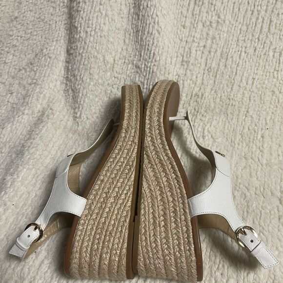 MICHAEL KORS LEATHER WHITE ESPADRILLE WEDGES THONGS SANDALS GOLD MK LOGO SZ9.5M - Picture 6 of 10